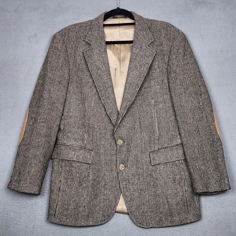 VINTAGE EVAN-PICONE Blazer Mens 41 Brown Houndstooth Wool Elbow Patch Jacket USA